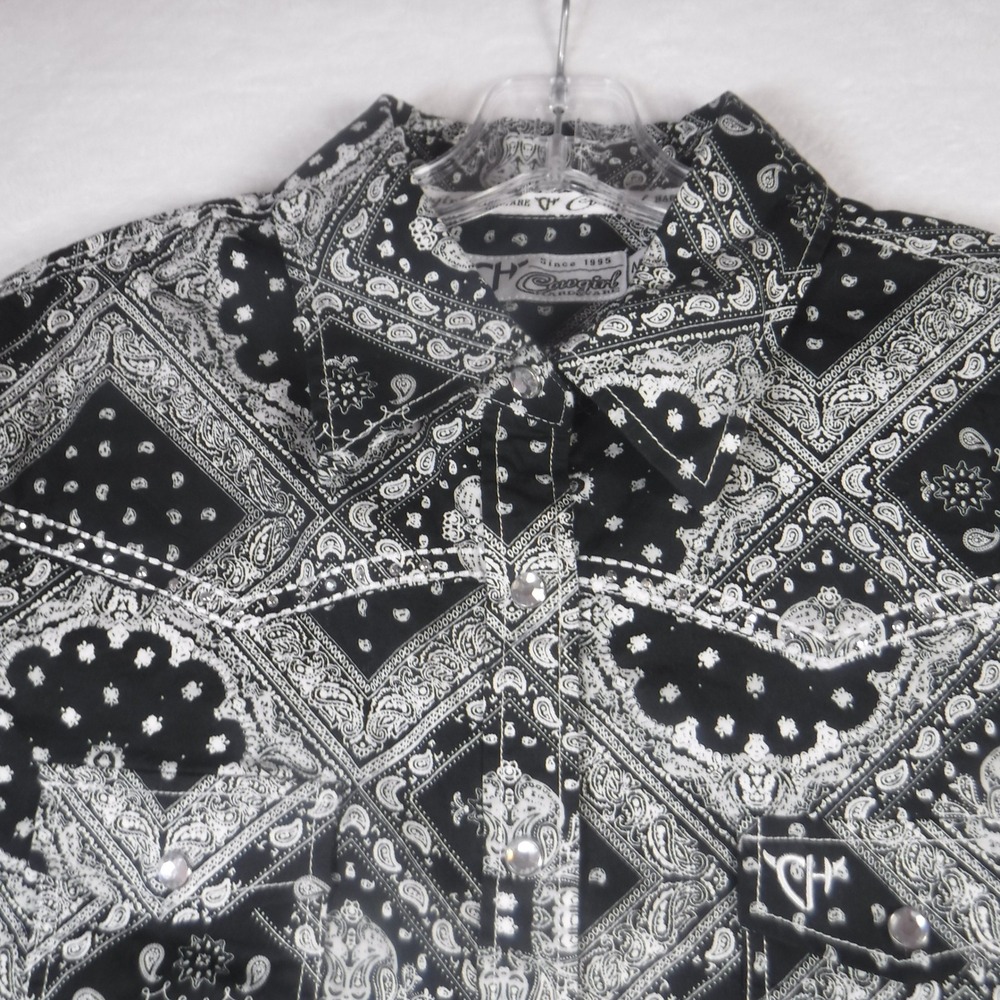 Cowgirl Hardware Womens Black Bandana Paisley Rhinestone Western Snap Shirt M